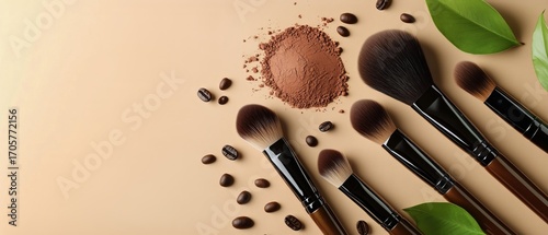 Makeup Tools and Products Arranged With Coffee Beans on Beige Background at a...