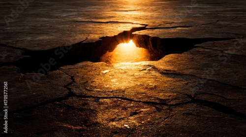 Light streams from a deep crack in dark, cracked earth, creating a sense of mystery and contrast between the warm glow and the barren landscape