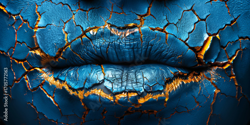 Cracked Blue Lips Resembling Dried Paint Texture – Close-Up Conceptual Beauty Portrait