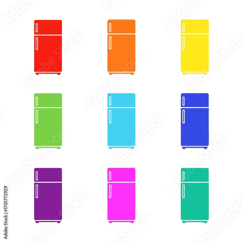 Colorful flat refrigerator icon set on white background for kitchen appliance design