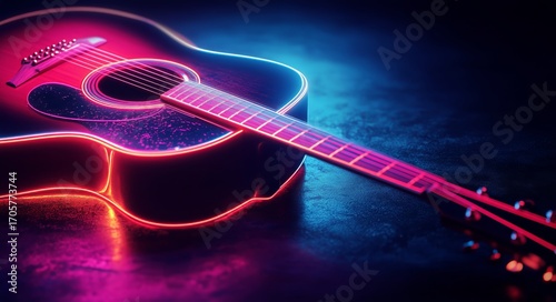 Electric Acoustic Guitar Illuminated by Colorful Neon Lights on Dark Surface