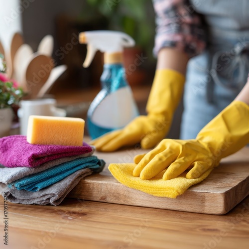 Wallpaper Mural Close-up of hands of woman wearing rubber gloves cleaning wooden kitchen counter with rags and cleaning solution. Torontodigital.ca