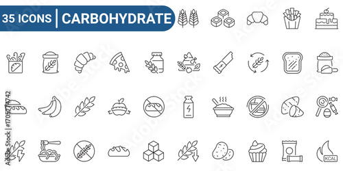 Set of 35 outline icons related to carbohydrates. Linear icon collection. Editable stroke. Vector illustration. Modern style pictograms and infographics.