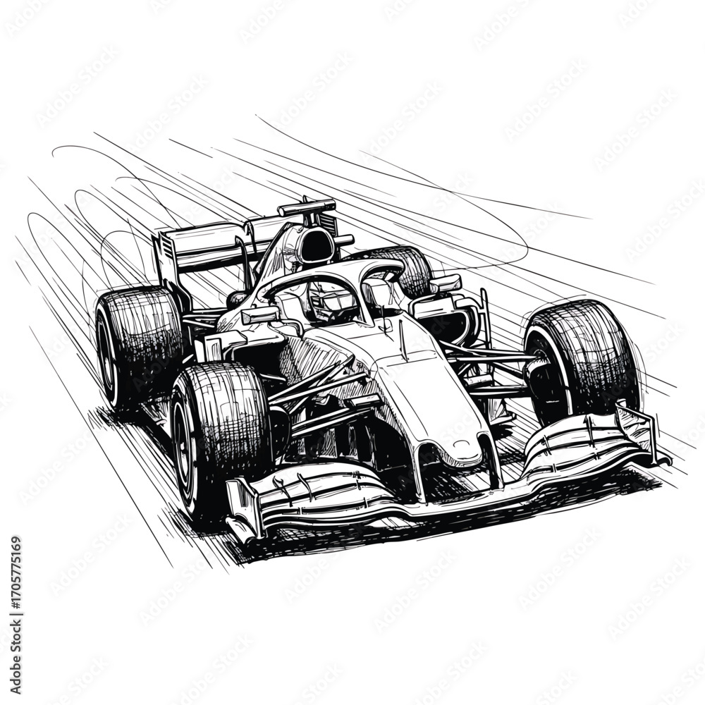 Naklejka premium Dynamic black and white handdrawn sketch of a modern Formula 1 race car speeding on a track.