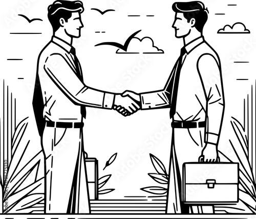 Minimalist black and white line art of two office workers shaking hands in agreement