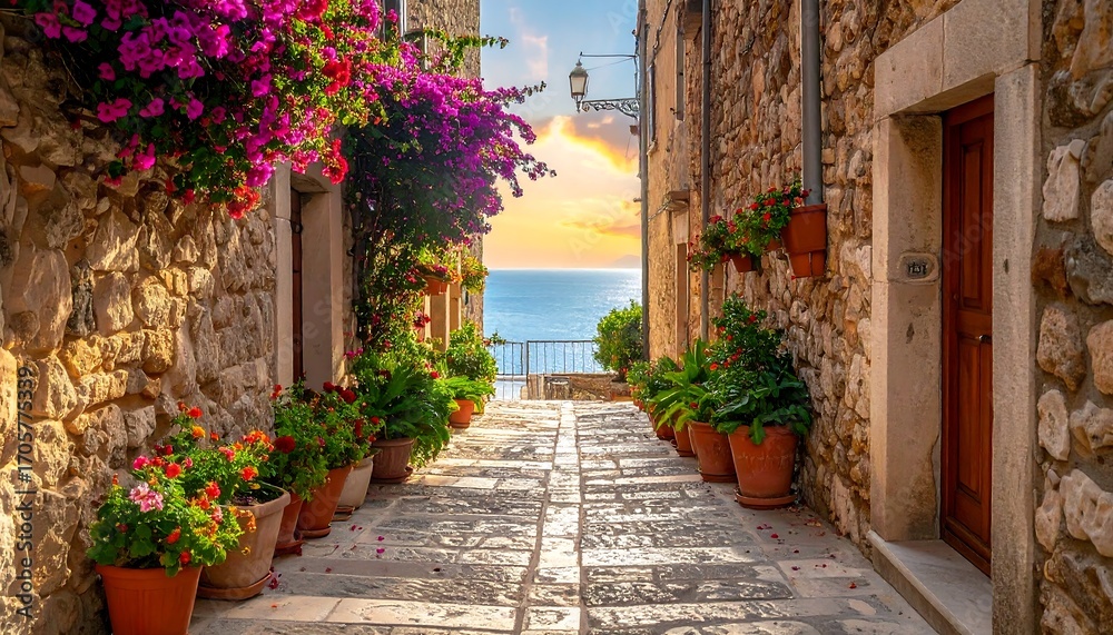 Fototapeta premium A narrow cobblestone street lined with potted flowers and stone buildings leads to a vista of ocean and sunset