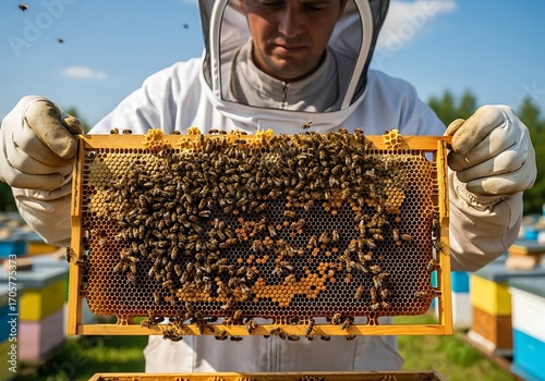 Beekeeper in protective suit holding a frame full of honeybees and honeycomb, demonstrating apiculture and natural honey production