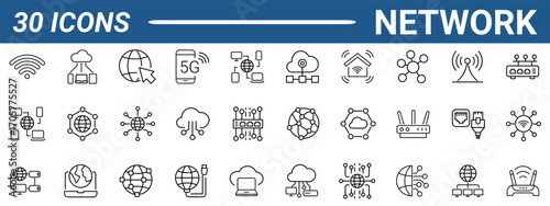 Set of 30 outline icons related to network. Linear icon collection. Editable stroke. Vector illustration. Modern style pictograms and infographics.