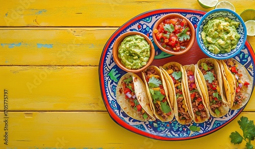 Vibrant Plate of Colorful Tacos With Guacamole and Salsa on a Bright Yellow T...