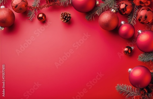 Holiday Decorations With Red Ornaments and Evergreen Branches on Festive Red ...