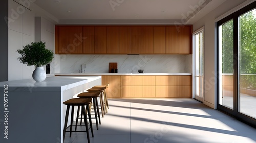 Spacious and airy modern kitchen with clean lines, neutral tones, and functional layout for a minimalist living space.