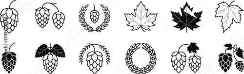 Hop icons, leaf symbols, brewing graphics, botanical elements, beer design, laurel wreath, maple leaf, grapevine leaf, black vector, nature icons, seasonal motifs, stylized illustrations