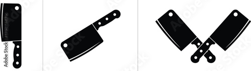 Meat cleaver icons, kitchen tools, butcher knife, black silhouettes, crossed blades, upright cleaver, diagonal knife, cooking symbol, culinary graphic, food prep, sharp edge, design elements