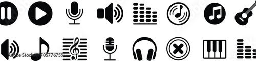 Music icons, audio symbols, sound buttons, play pause, microphone, headphones, speaker, equalizer, treble clef, piano keys, guitar, media controls, black icons