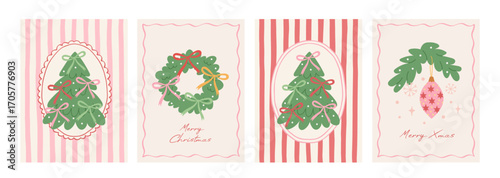 Merry Christmas vintage greeting card set. Xmas elegant design with Christmas tree, pink, red and green bows, Christmas wreath and hand drawn border frames. Vector modern poster, cover or banner.