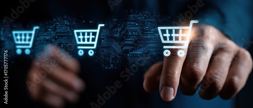 A finger hovers over a glowing shopping cart icon, with two more carts fading into a tech-inspired background. The scene is bathed in blue