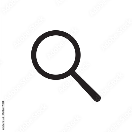 A black handle on an isolated magnifying glass with a zoom lens search icon on a white background