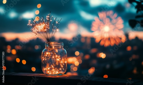 Glimmering Jar With Lights Against a Fireworks Display in the Evening Sky