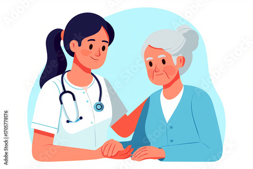 Caring nurse holds hand of elderly patient offering comfort and support