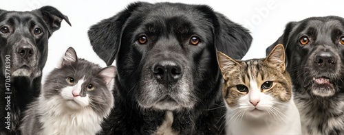 A group of five pets - three dogs and two cats - are closely packed together against a plain white background, all looking directly at the camera