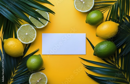 Fresh Citrus Fruits Arranged on a Vibrant Yellow Background With a Blank Sign...