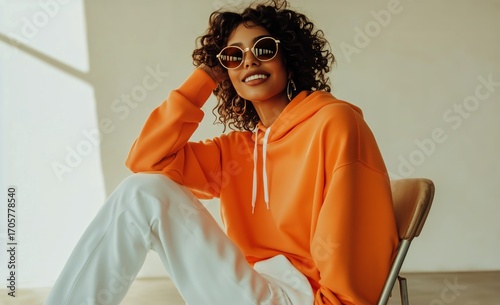Woman in Orange Hoodie and White Pants Sitting Casually in Bright Indoor Space