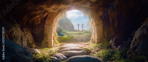 Sunrise Illuminates Crosses Outside Cave on a Serene Morning.