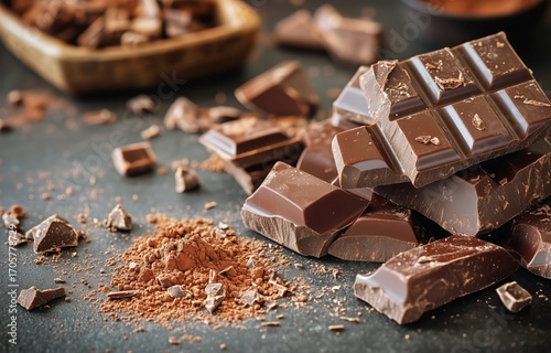 Rich Chocolate Pieces Stacked on Dark Surface With Cocoa Crumbs Scattered Aro...