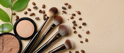 Makeup Tools and Products Arranged With Coffee Beans on Beige Background at a...