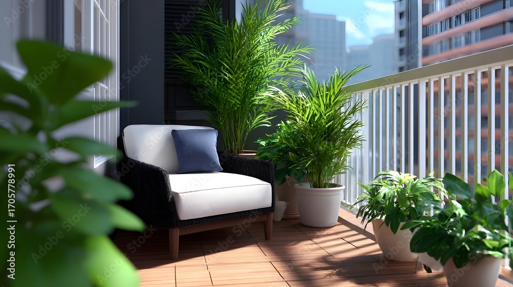 Obraz premium A peaceful urban oasis with a comfortable chair, surrounded by vibrant plants and foliage, and offering a serene view of the cityscape