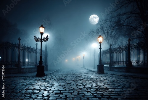 Misty cobblestone path lined with ornate lampposts leads into dense fog under a glowing full moon at night, creating an eerie and mysterious ambiance