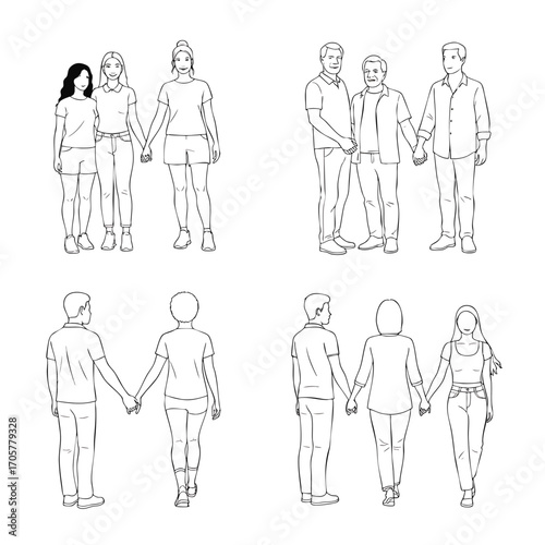 Handdrawn line art illustrations of diverse couples holding hands including gay lesbian and heterosexual pairs.