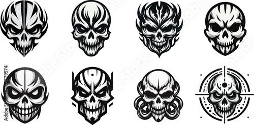 Set of demon skull logo illustrations in dark gothic style.