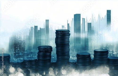 Tall Stacks of Coins Are Prominently Displayed in the Foreground With a Moder...