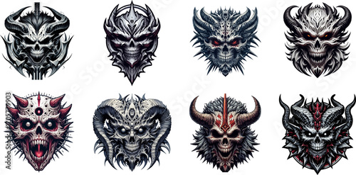 Collection of horror skull illustrations with demonic features.