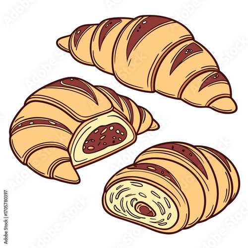 Assortment of Croissants, One Cut Open Showing Filling pastry baked goods