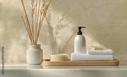 Elegant Bathroom Vanity Display With Natural Decor and Spa Essentials on a Wo...