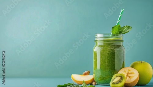 Refreshing Green Smoothie Made With Fruits and Vegetables on a Teal Background