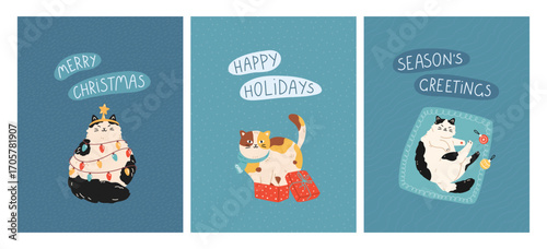 New Year and Christmas greeting cards with cute cats. Feline pets decorated garland like a Christmas tree, sitting in giftbox, lying on rug. Hand drawn cartoon design for holiday print, poster, banner