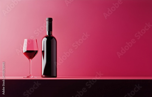 Elegant Red Wine Bottle and Glass Positioned on a Pink Background