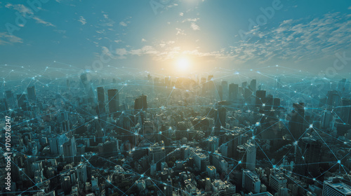  Sunshine in the Smart digital Innovation city with connection network reciprocity over the cityscape. of future smart wireless digital city and social media networking systems that connects people