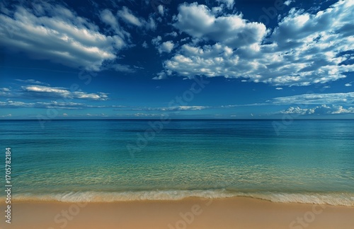 Clear Blue Ocean Waves Gently Lap Against a Serene Sandy Beach Under a Bright...