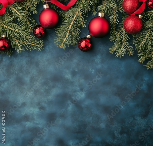 Festive Christmas Decorations With Red Ornaments and Pine Branches on a Blue ...