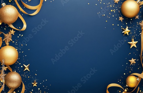 Decorative Golden Christmas Ornaments and Stars on Blue Background for Festiv...