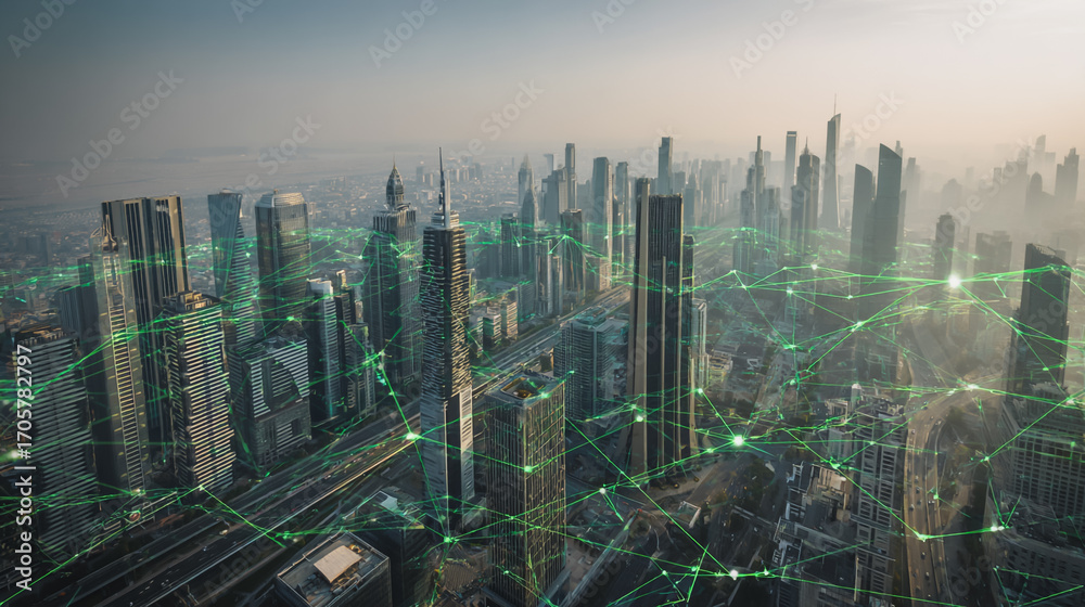 Fototapeta premium Sunshine in the Smart digital Innovation city with connection network reciprocity over the cityscape. of future smart wireless digital city and social media networking systems that connects people