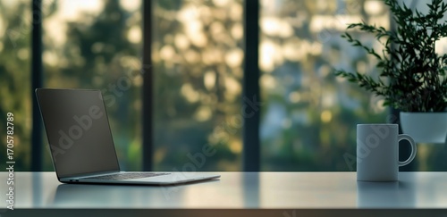 Laptop on a Wooden Desk With a Coffee Mug and Indoor Plants in a Well-Lit Mod...