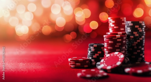 Stacks of Red and Black Poker Chips on a Vibrant Red Table With Blurred Backg...