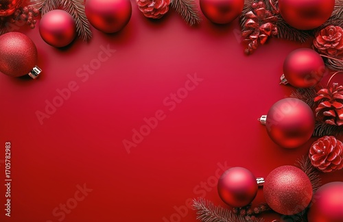Decorative Red Ornaments and Pine Cones Arranged on a Festive Red Background ...