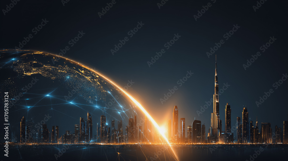 Fototapeta premium Sunshine in the Smart digital Innovation city with connection network reciprocity over the cityscape. of future smart wireless digital city and social media networking systems that connects people