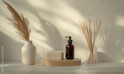 Elegant Bathroom Decor Featuring Stoneware Soap Dish and Diffuser With Bamboo...